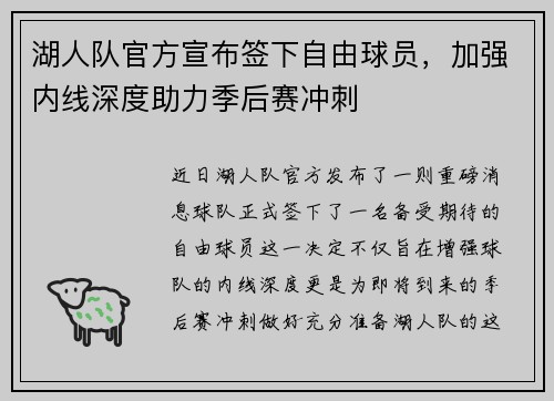 湖人队官方宣布签下自由球员，加强内线深度助力季后赛冲刺